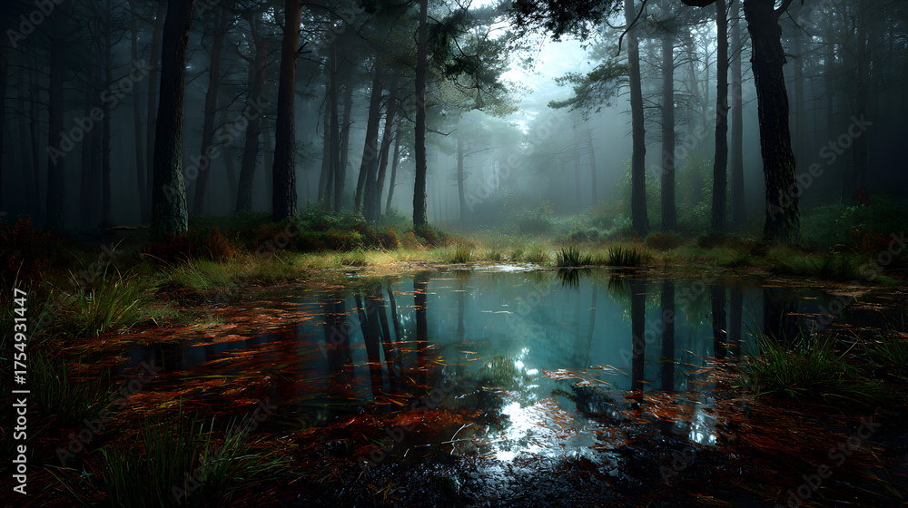 Fototapeta premium Mysterious glowing forest pond surrounded by dark trees and fog 