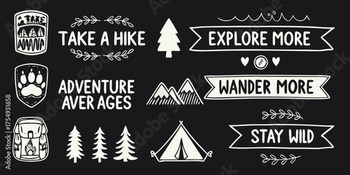 Collection of hand drawn outdoor adventure icons and phrases on a black background