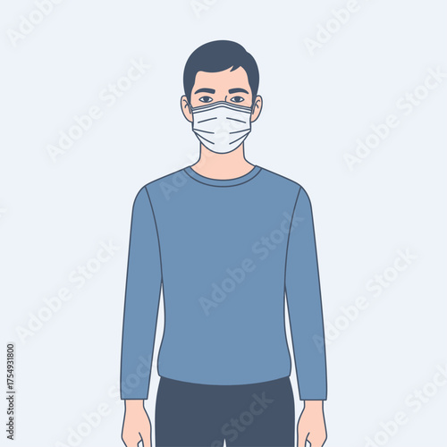 Vector illustration of a young man with dark hair wearing a blue shirt and a protective medical face mask.