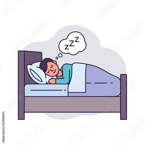 A cartoon man sleeping soundly in a cozy bed with a Zzz thought bubble above his head.