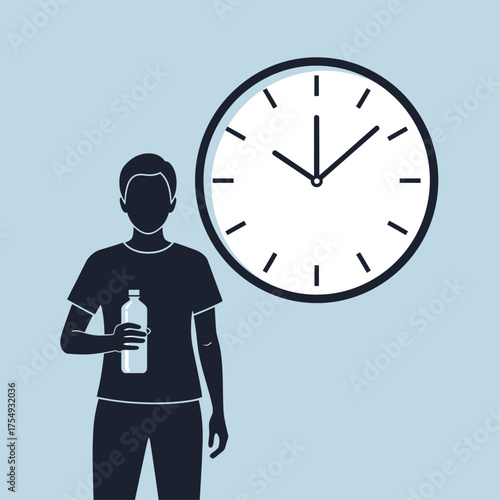 A person holding a plastic bottle of water stands next to a large analog clock.