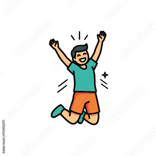 An excited cartoon boy jumps for joy with his arms raised in celebration.