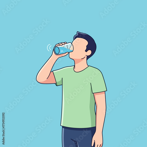 A vector illustration of a young man in a green t-shirt drinking a glass of fresh water to stay hydrated.