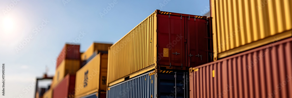 Fototapeta premium Rows of shipping containers stacked and ready for transport, symbolizing global trade and logistics on a clear day. The containers are brightly colored.
