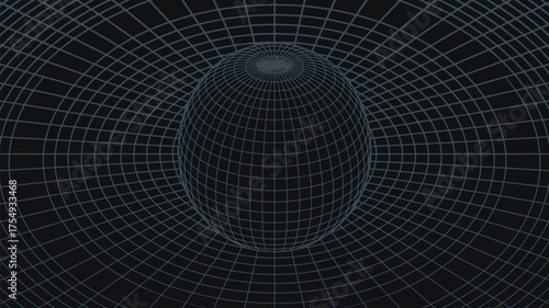 A wireframe sphere distorts a grid creating a visual effect of gravity or space time curvature effect