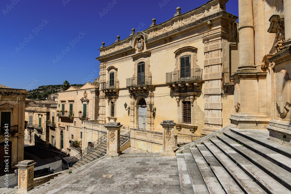 Fototapeta premium View of a building facade of the baroque town of Modica in the province of Ragusa in Sicily, Italy
