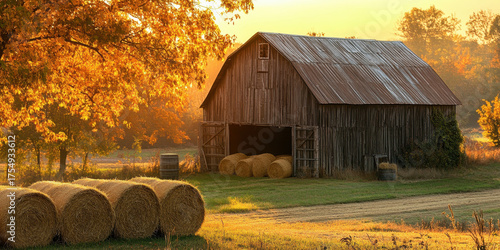 A barn with hay bales in front of it