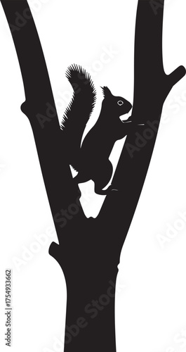 Silhouette of a curious squirrel climbing a bare tree branch against a clean white backdrop