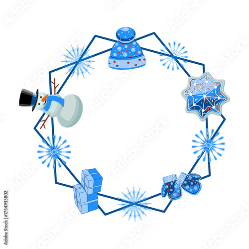 Holiday frame with snowman, mittens, hat, snowflakes, and gingerbread cookies, vector illustration
