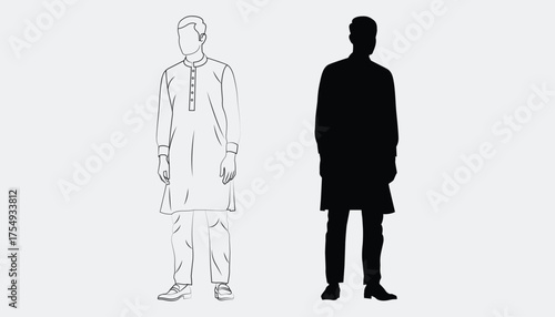 Black and white vector illustration of a man wearing a traditional kurta and pajama, symbolizing South Asian culture and fashion.