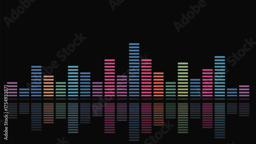 A graphic equalizer display with various colored bars reflected on a black background surface