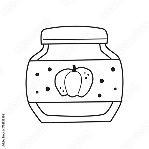 Cute hand drawn outline pumpkin jam in bottle with label isolated on white background. Homemade autumn marmalade.