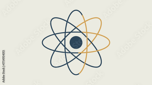A stylized atom symbol with blue nucleus and orbiting electrons in blue and gold on a light background
