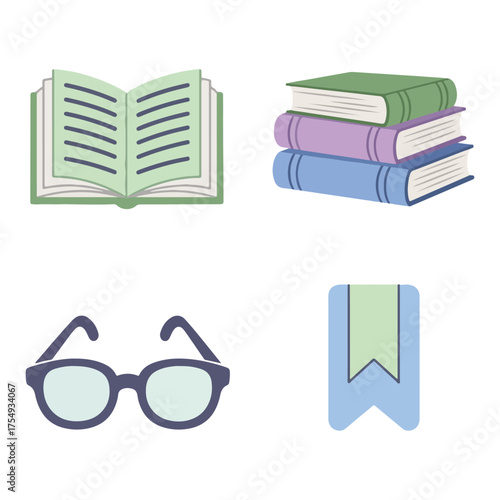 Reading and learning : open book, a stack of closed books, a pair of glasses, and a bookmark.