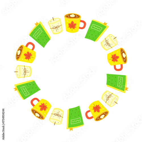 Cute hand drawn flat autumn icons composed in circle shape isolated on white background. Round frame with hot cocoa drink, book and candle.