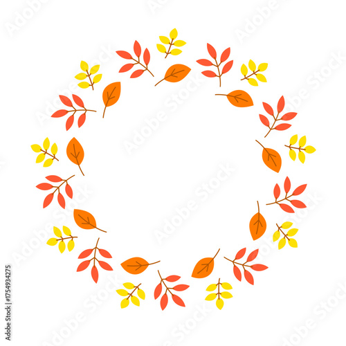 Cute hand drawn flat autumn leaves composed in circle shape isolated on white background. Round frame with leaves.