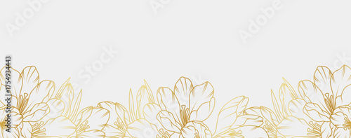Luxury gold crocus flowers background. Floral pattern tropical in line art style for greeting, invitation, wedding card, wall art, wallpaper and print. Vector illustration