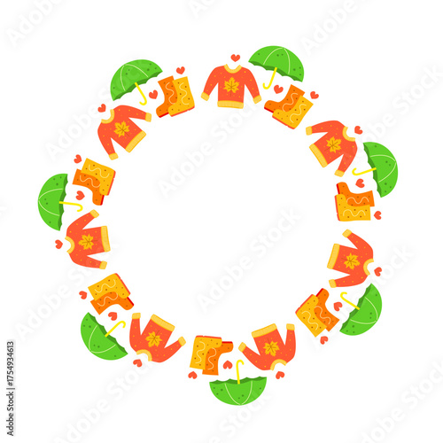 Cute hand drawn flat autumn icons composed in circle shape isolated on white background. Round frame with warm sweater, umbrella and rubber boots.