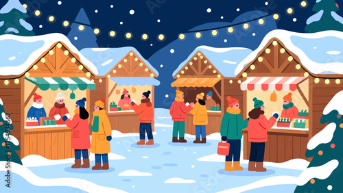 Charming winter market scene with cozy stalls and festive decorations under a starry sky