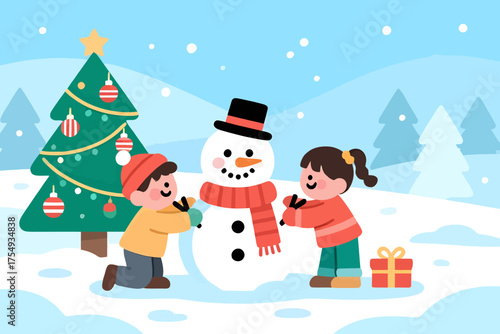 Winter Fun Kids Building a Snowman near Christmas Tree