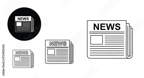 Vector illustration of collection of newspaper icons and illustrations in various styles, representing news and information