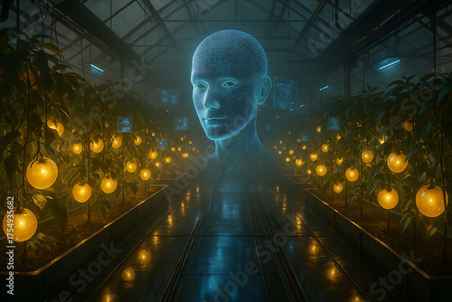Digital Aura in Greenhouse: A futuristic vision, showcasing a digital human aura hovering within a greenhouse, where plants thrive under an artificial glow.