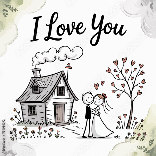 Everlasting Embrace: A heartwarming illustration capturing a tender moment of love and commitment, as a couple, entwined in a gentle hug, stand before their cozy home.