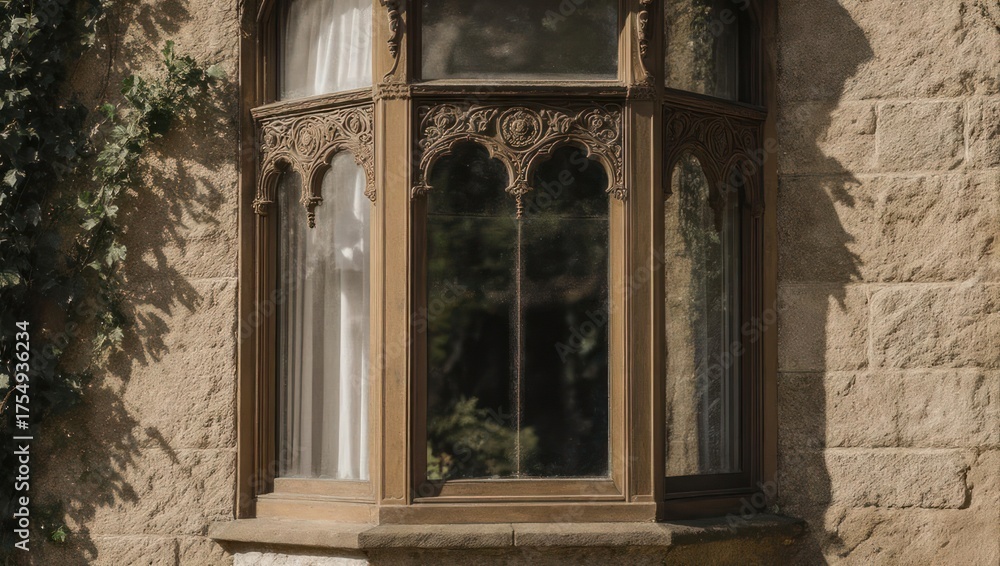 Fototapeta premium Ornate Bay Window on Stone Building with Gothic Details.