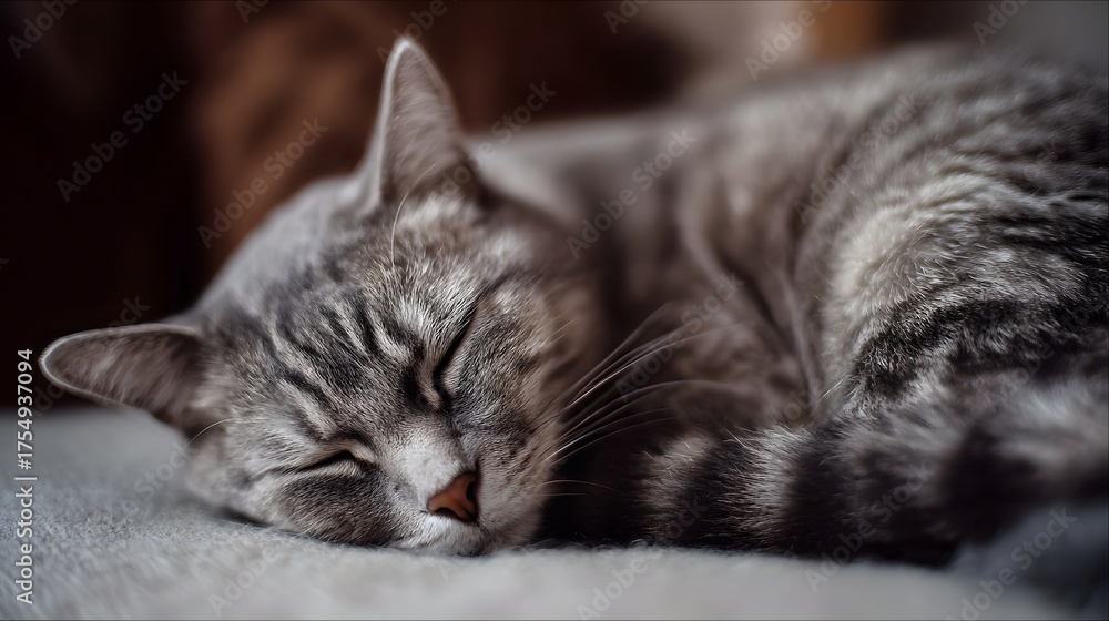 Fototapeta premium A grey tabby cat sleeps peacefully curled up on a soft surface indoors