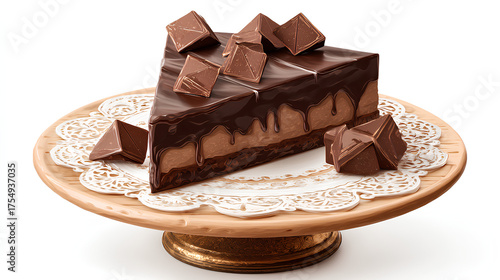 Chocolate cake with milk and chocolate coating, white background