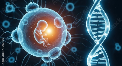 Science visualizing human fetal development and dna helix strand concept illustration