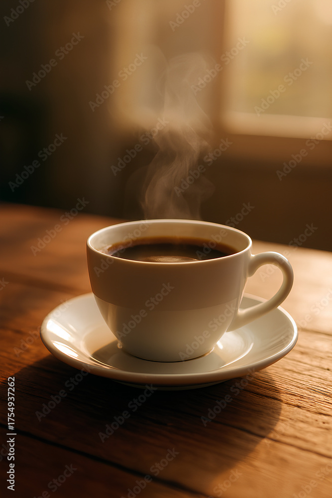 Fototapeta premium Steaming Cup of Coffee on Wooden Table in Morning Sunlight