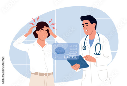 National Epilepsy Day. A neurologist explains results to a patient holding her head in pain, symbolizing epilepsy or neurological disorder symptoms.
