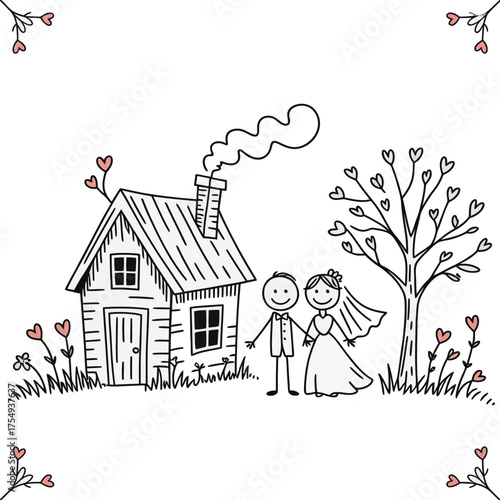 Wedding Couple's New Beginning: A charming illustration depicts a happy couple in front of their new home, ready to start their life together.