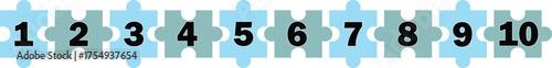 Number sequence 1 to 10 on connected puzzle pieces in blue and gray tones, educational numeric design for learning, counting, and math visuals in school, classroom, or digital teaching materials.
