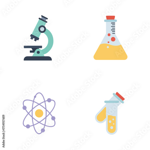 Science icons: microscope, flask, atom, and test tubes with yellow liquid.