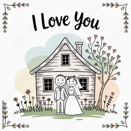 Love's Abode: A sweet sketch depicts a newly married couple in front of their charming home, surrounded by blossoming flowers and a tree adorned with hearts, expressing a declaration of love.