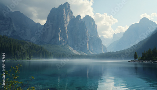 Wallpaper Mural Mountain Lake with Evergreen Forest and Mist Torontodigital.ca