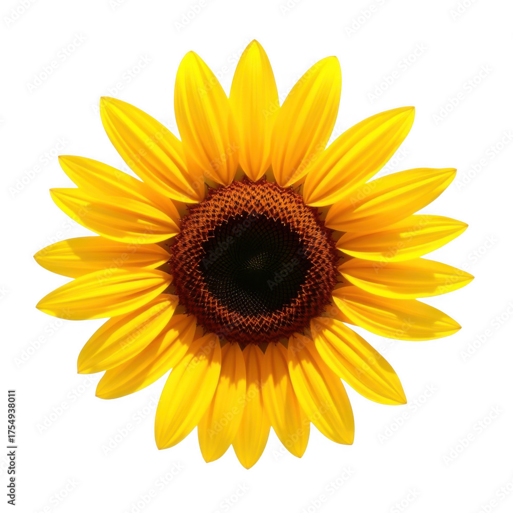 Fototapeta premium A vibrant yellow sunflower with a dark brown center isolated on a clean white background isolated on white background
