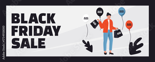 A woman with shopping bags, gift boxes and a basket walking back from a Black Friday sale, festive shopping illustration, big sale banner