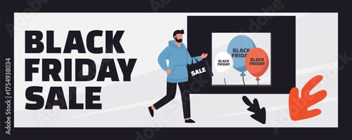 A man walking with shopping bags and gifts after a Black Friday sale in front of a store window, holiday shopping illustration banner