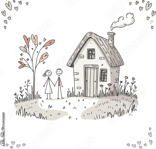 Cozy Home Sketch: A heartwarming sketch captures a couple standing hand-in-hand, their home exuding a sense of warmth and belonging with heart symbols embellishing the scene.