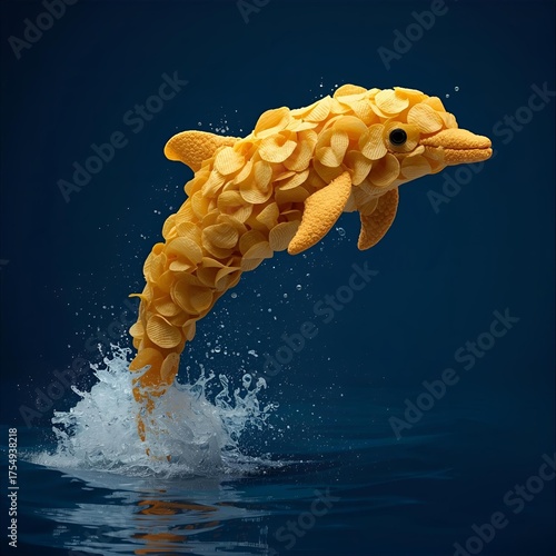 Dolphin made of potato chips jumping