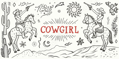 Two cowgirls on horseback with guns drawn in a desert landscape with cacti and sun illustration