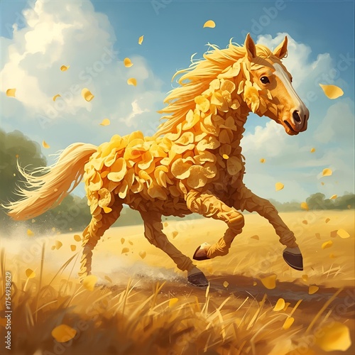 Horse made of potato chips running in the field