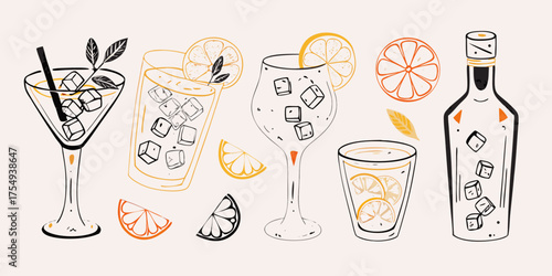 Hand drawn collection of refreshing cocktails and citrus fruits with ice cubes and garnishes