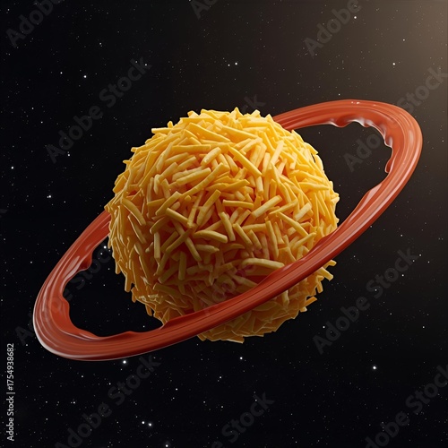 Planet made of French fries with ketchup ring