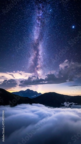 Nightscape of the Milky Way above mountains and a sea of clouds