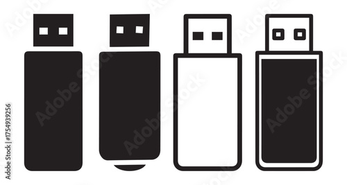 Minimal black and white vector illustration of USB flash drive icons showing various simple designs. Perfect for digital storage, data transfer, and technology themes.