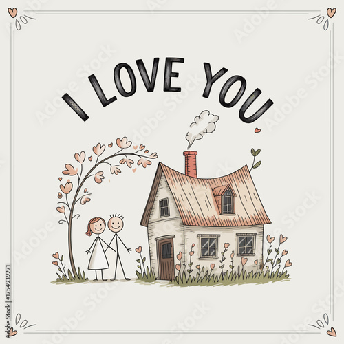 I Love You Illustration: A charming illustration depicts a heartwarming scene, conveying the message of love through a simple, yet evocative, depiction of a cozy home and a loving couple.